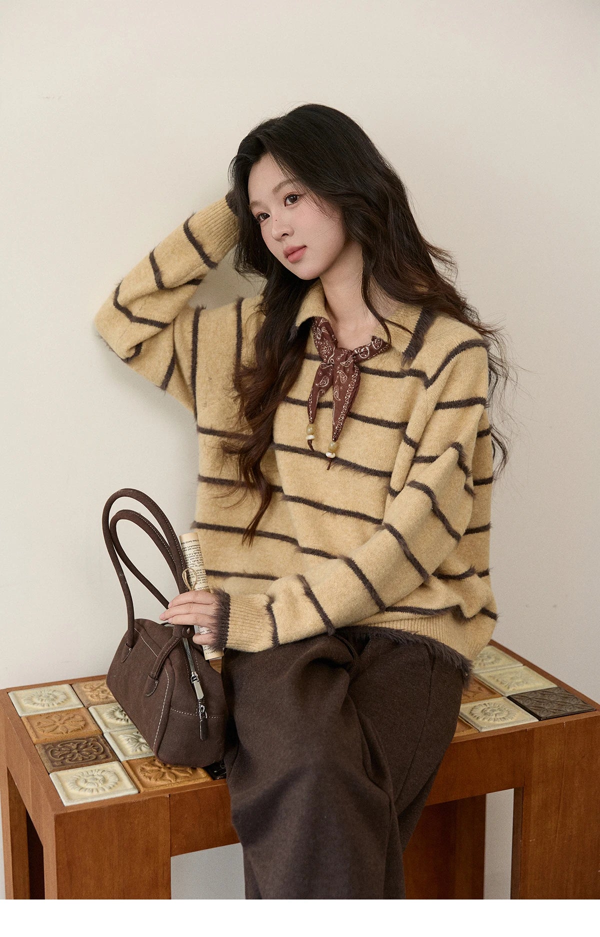 MISHOW Women's Faux Mink Fur Striped Sweater 2025 Winter Loose Lapel Tassel Hem Thickened Knitwwear Excluding Scarves MXE93Z2945