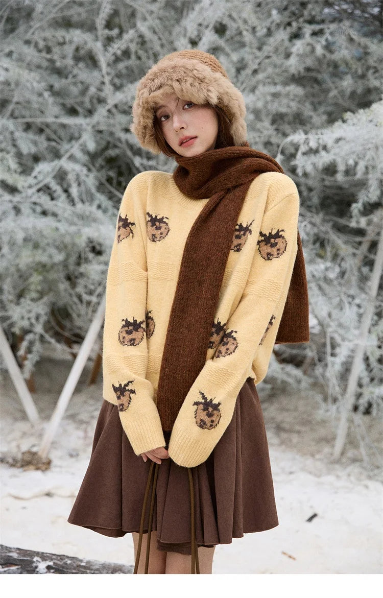 MISHOW Cardigan Women 2025 Autumn Winter Fashion Fuuny Pineapple Jacquard Round Neck Single-breasted Sweater Woman MXE87Z2752