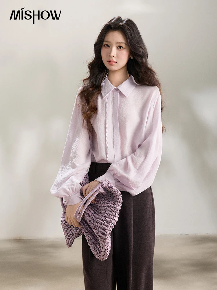 MISHOW Women's Lapel Lantern Sleeve Shirts 2026 Spring Lace Trim Casual Loose Breathable Solid Shirt Office Lady MXF13C2436