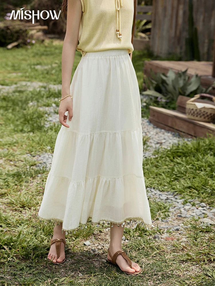 MISHOW Office Lady Summer Skirt Women New 2025 Solid Elastic Waist Shell Webbing A-line Skirts Woman Fashion Slimming MXE33B0708