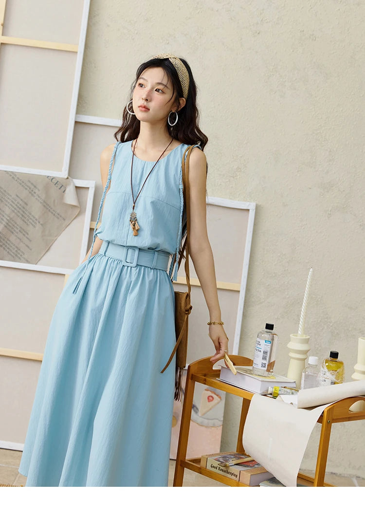 MISHOW Women's Vest Dress 2025 Summer Hand Woven Fried Dough Twists Waist Belt Slim Long Dress A-line Vacation Dress MXE34L2223