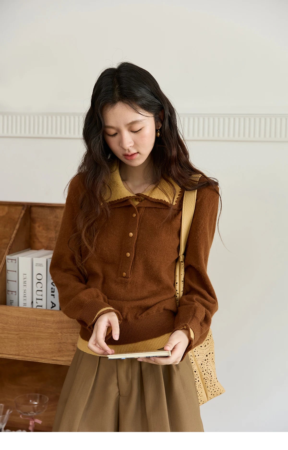 MISHOW Elegant Women's Sweaters 2025 Autumn Designer Knitted Double-layer Turn-down Collar Loose Long Sleeves Tops  MXE45Z2502