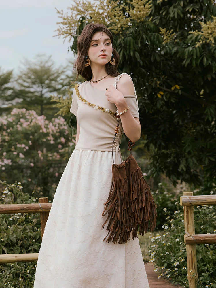 MISHOW Holiday Summer Dresses Women New 2025 Short Sleeve Off-shoulder Knitted Patchwork Midi Dress Female Slimming MXE33L2207