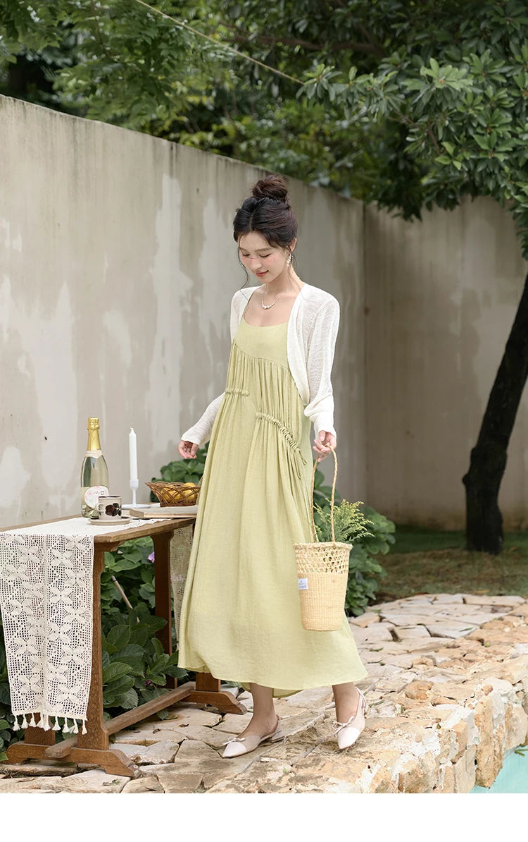 MISHOW Irregular Pleated Suspender Long Dress for Women 2025 Summer Olive Green Dress Loose Drawstring Waist Dresses MXD31L1928