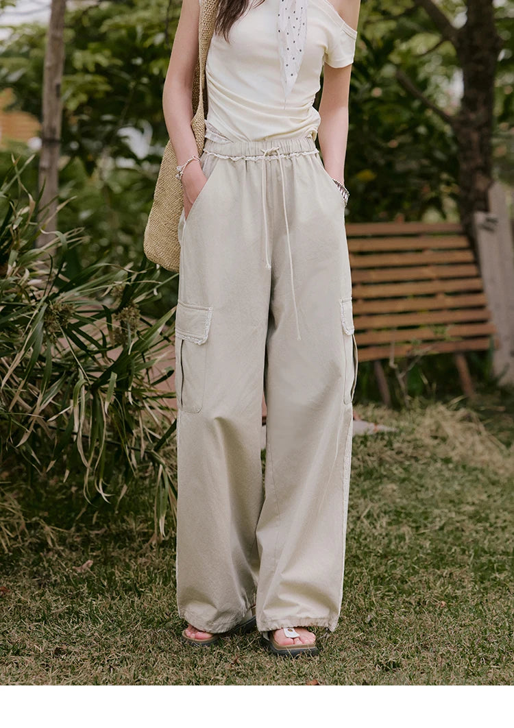 MISHOW Apricot Cargo Pants for Women in Summer 2025 Lace Patchwork Casual Pants Drawstring Elastic Waisted Trousers MXE33K0935