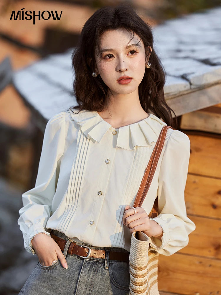MISHOW French Tucker Pleats Doll Neck Shirt for Women 2025 Spring Straight Shirt Ruffled O Neck Shirts Office Lady MXE12C0401