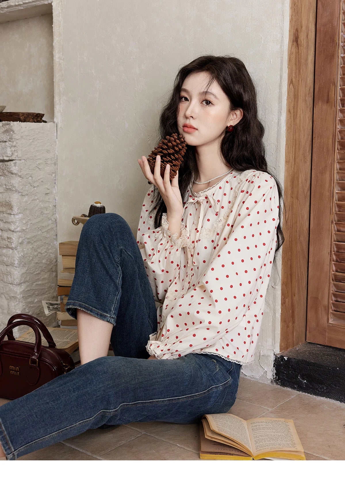 MISHOW Lace Up Polka Dot Round Neck Lace Shirt for Women Autumn 2024 Thin Sweets Shirt Elastic Petal Cuffs Chic Top MXD44X1667