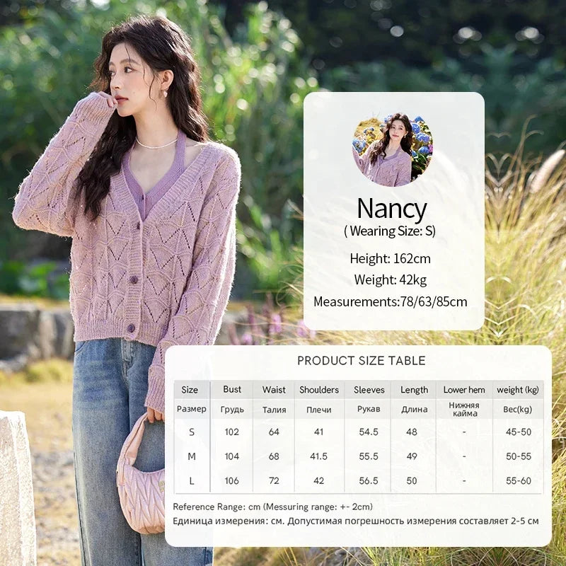 MISHOW French Knit Cardigan Women Separately 2025 Spring New Korean Casual Diamond Plaid Sweet V Neck Hollow Sweater MXE11Z1198