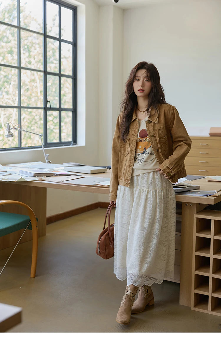 MISHOW Light Brown Vintage Denim Jacket for Women 2025 Autumn Embroidered Pockets Dropped Sleeve Retro Loose Jacket MXE41W0795