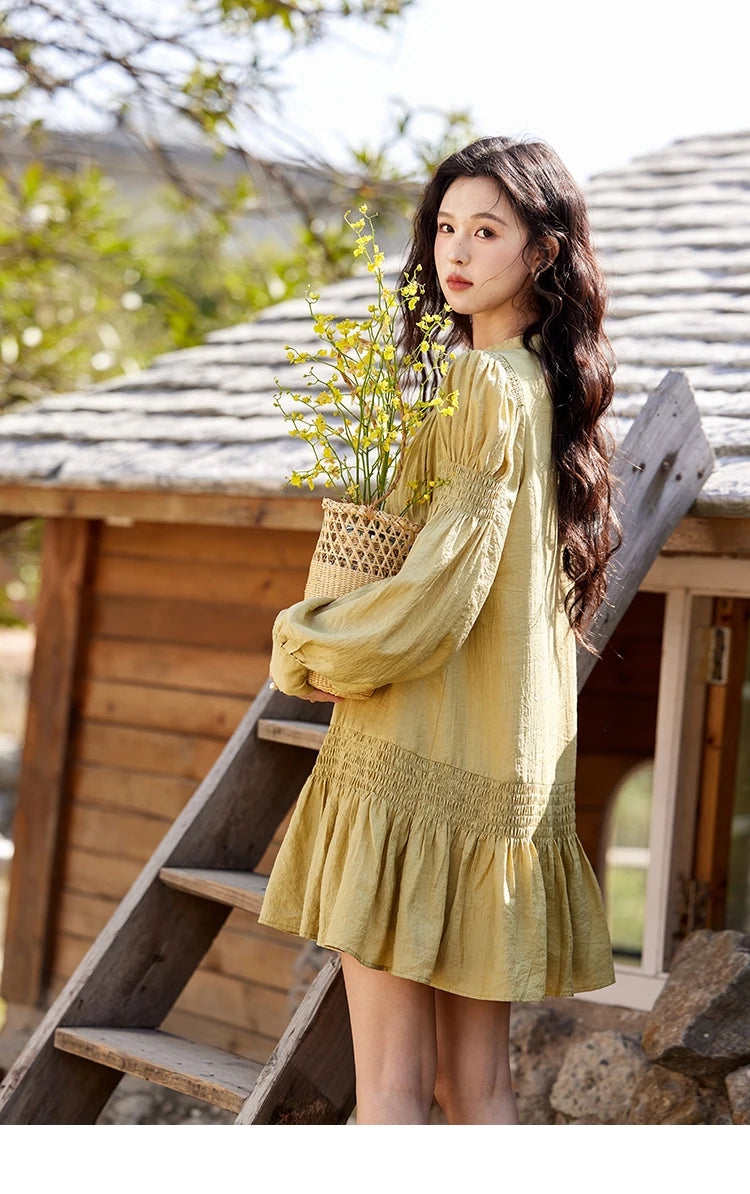 MISHOW Folded Lace Up Dress for Women Spring 2025 Solid V-neck Loose Chiffon Doll Dress Puff Sleeve Knee-Length Dress MXE11L2113