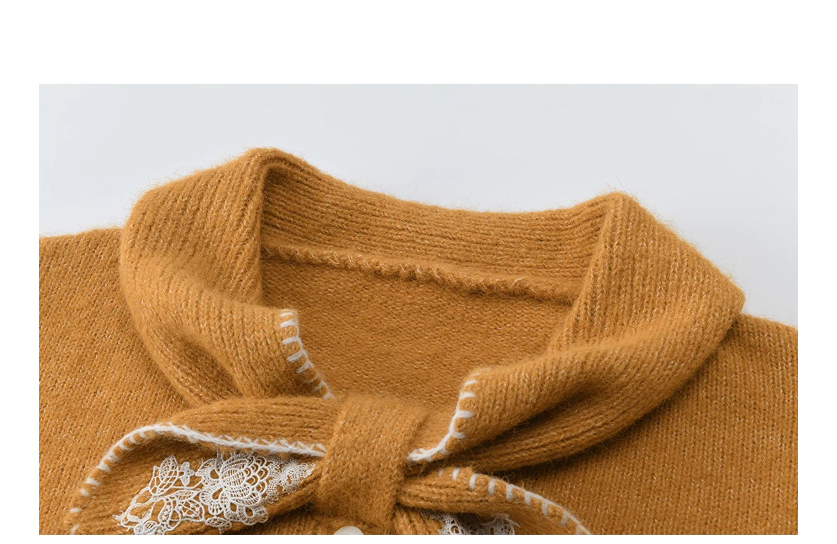 MISHOW Women's Yellow Knitted Sweater 2025 Autumn Winter Bow Collar Splicing Lace Tops Loose Warm Pullover Sweaters MXE94Z2971