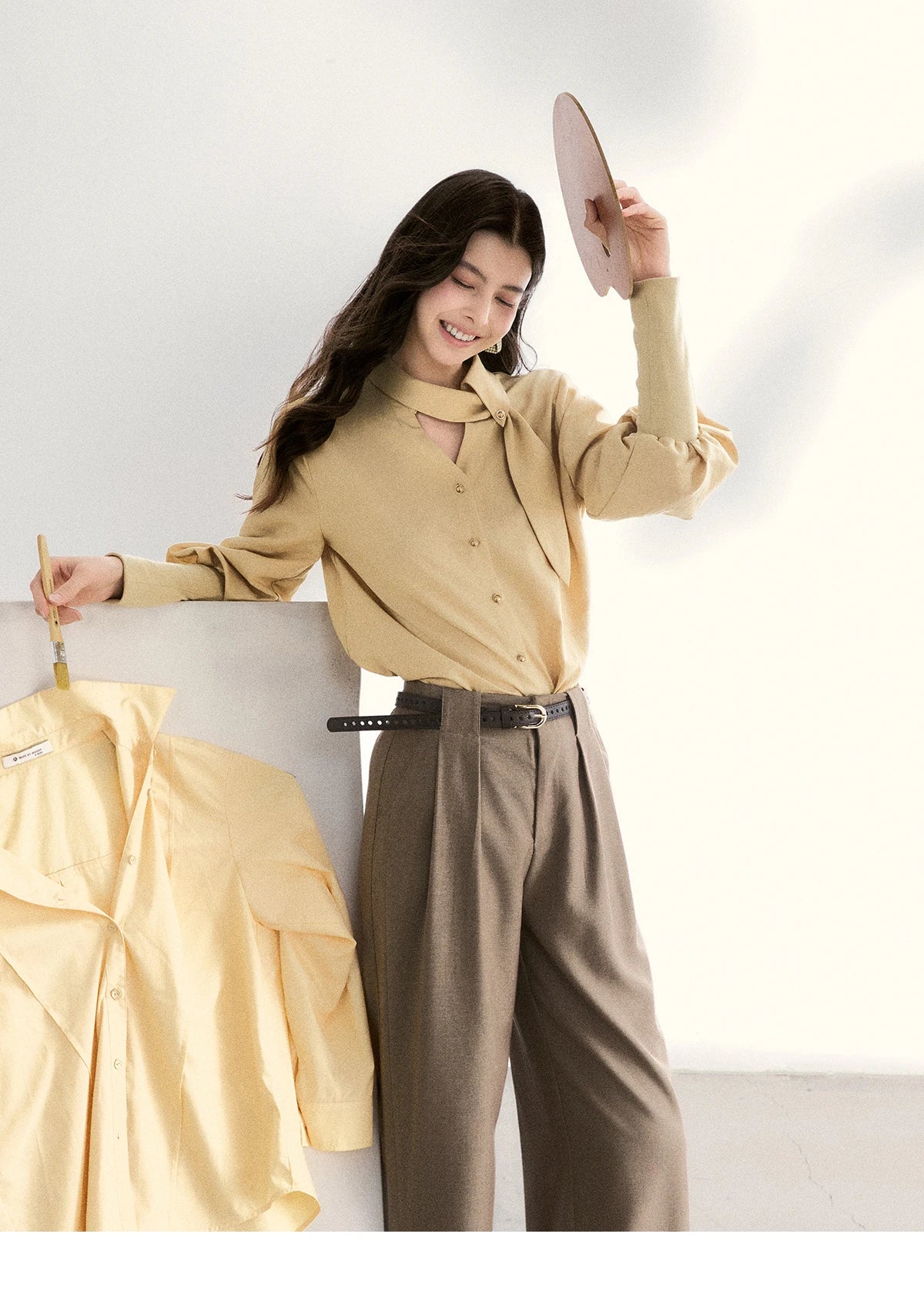 MISHOW Women's Tie Neck Shirts Spring Hollow-out Knitted Patchwork Puff Sleeve Tops Casual Elegant Shirt Office Lady MXF108C0812