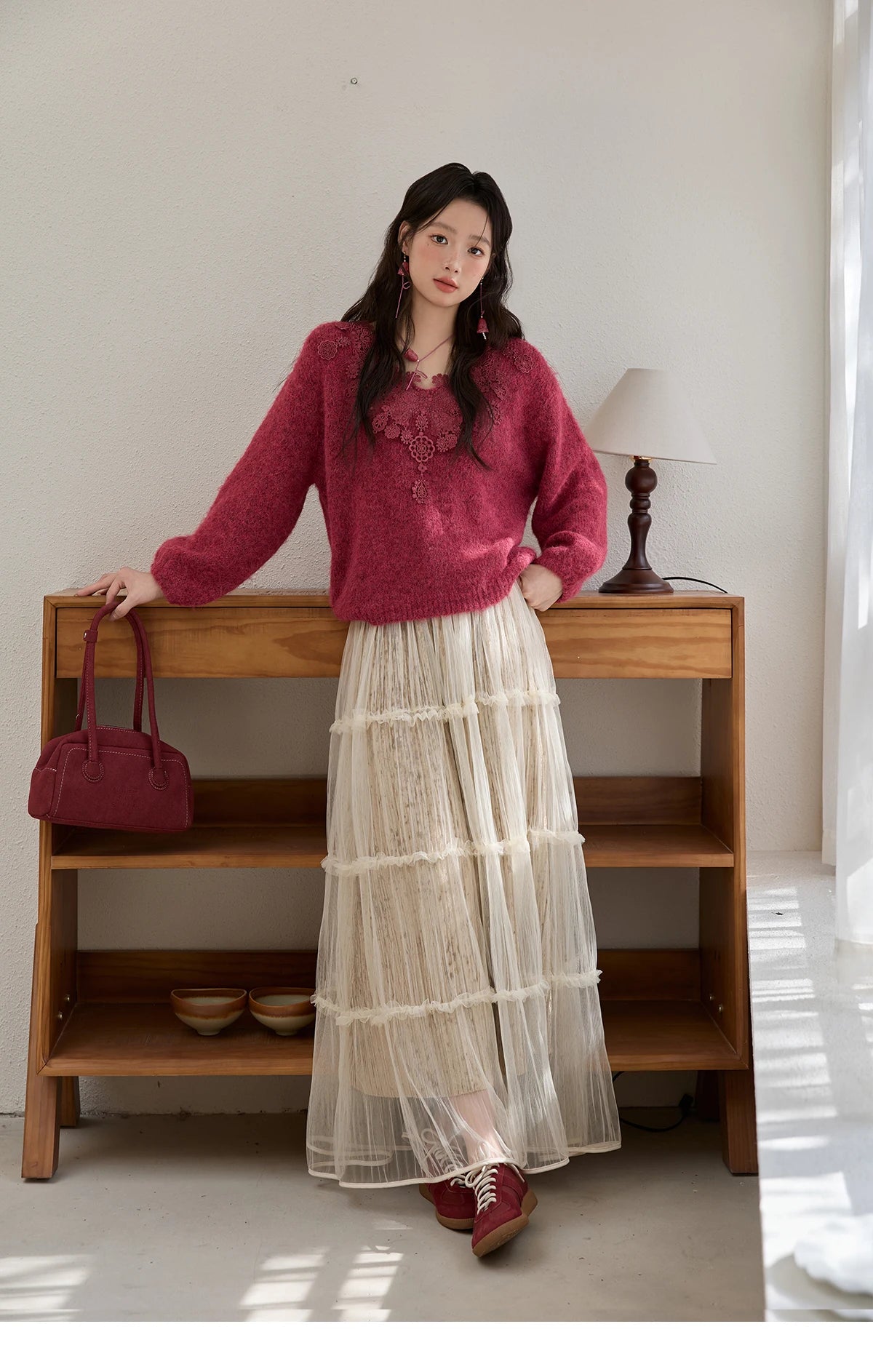 MISHOW Pink Lace Wool Sweater for Woman 2025 Winter Sweet Style V-neck  Pullover Casual Loose Lantern Sleeve Sweater MXE51Z2632