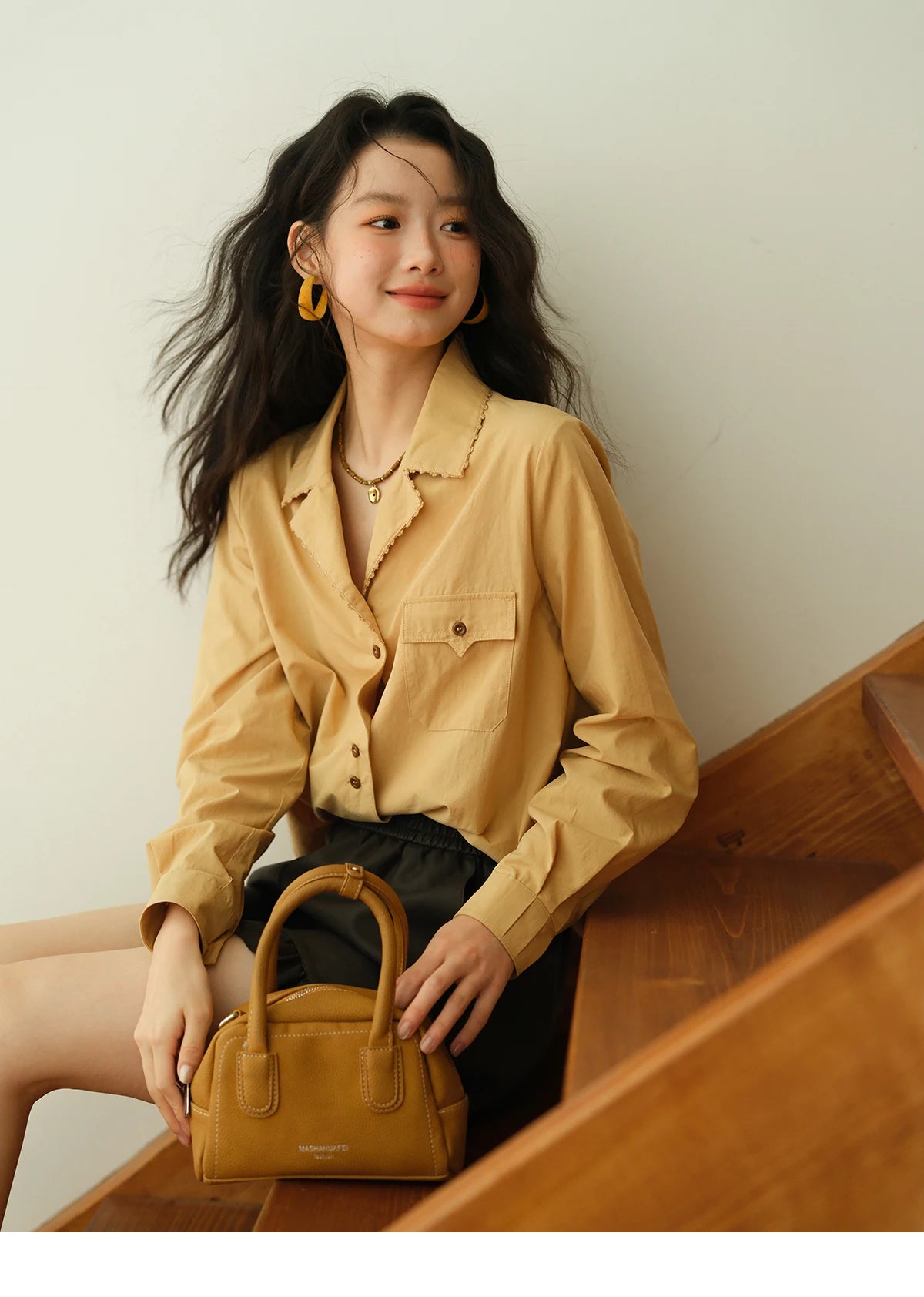 MISHOW Women's Retro Yellow Lapel Cotton Shirt 2025 Autumn Loose Casual Top Contrasting Button with Pocket Shirts MXE41C2356