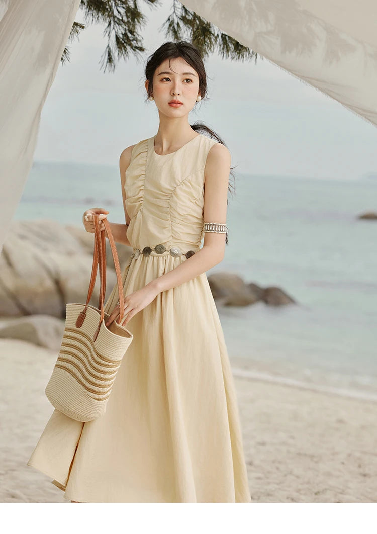 MISHOW Office Lady Summer Dress Women 2025 New Round Neck Sleeveless Solid with Belt Dresses Female Fashion Slimming MXE31L2188