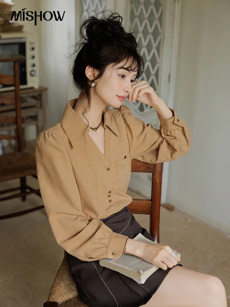 MISHOW Women's Long Sleeved Shirt 2024 Autumn French Minimalist Lapel V Neck Commuter Shirt Retro Button Office Lady MXD43C0306