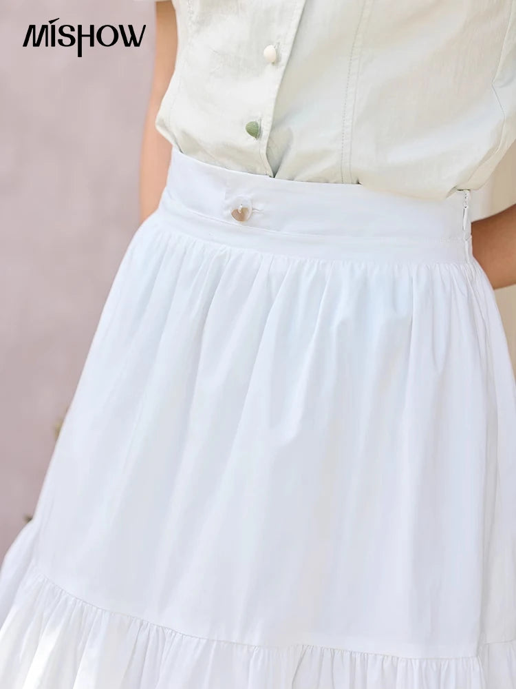 MISHOW Sea Salt White Double Layered Waist Skirt 2025 Summer Flower Bud Skirt Shell Button Versatile A-line Skirts MXE32B0715