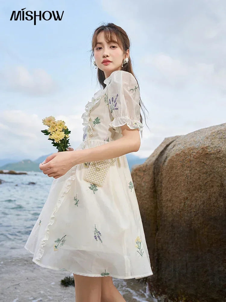 MISHOW Elegant Fairycore Embroidery Flower Dresses 2025 Summer A-line Flare Sleeve Ruffles Sweet Knee-Length Dresses MXC38L1518