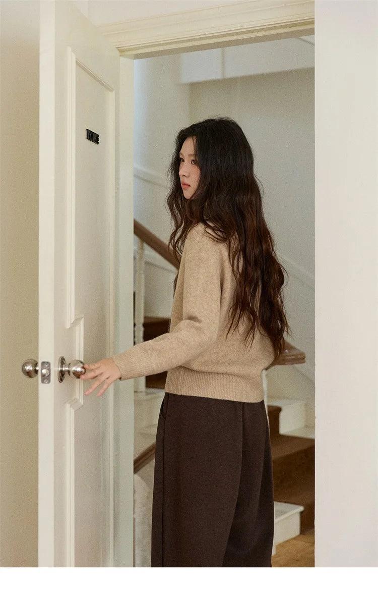 MISHOW Women V-neck Knit Top 2025 French-style Elegant Workwear Long-sleeved Yellow Pullover Women's Winter Clothing MXE87Z2771