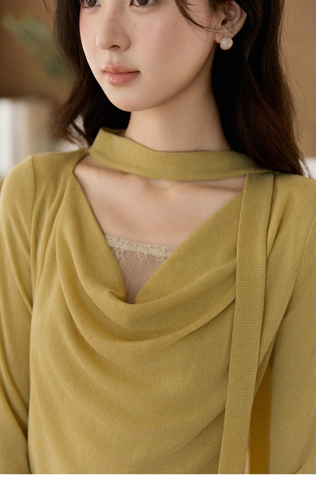 MISHOW Women's Yellow Splicing Lace Long Sleeve Knitted Top Spring Ribbon Draped Collar Casual Slim Thin Sweater MXF108Z1030