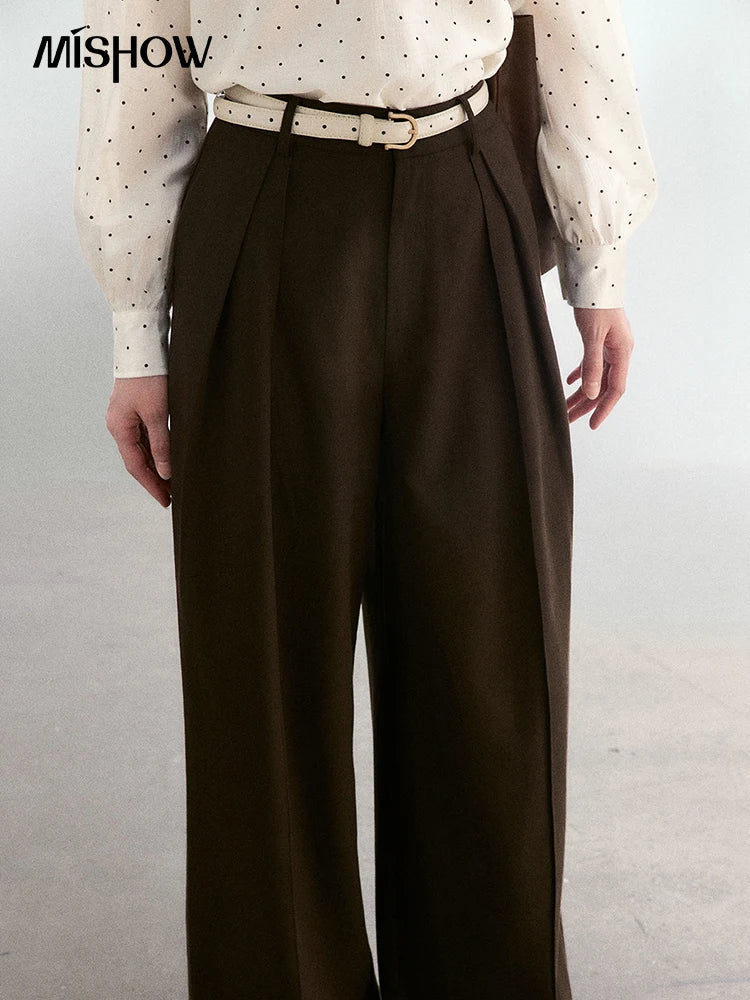 MISHOW Women's Dark Brown Wide Leg Pants 2026 Spring High Waist Pleated Pants Back Elastic Waist Casual Trousers MXF108K1010