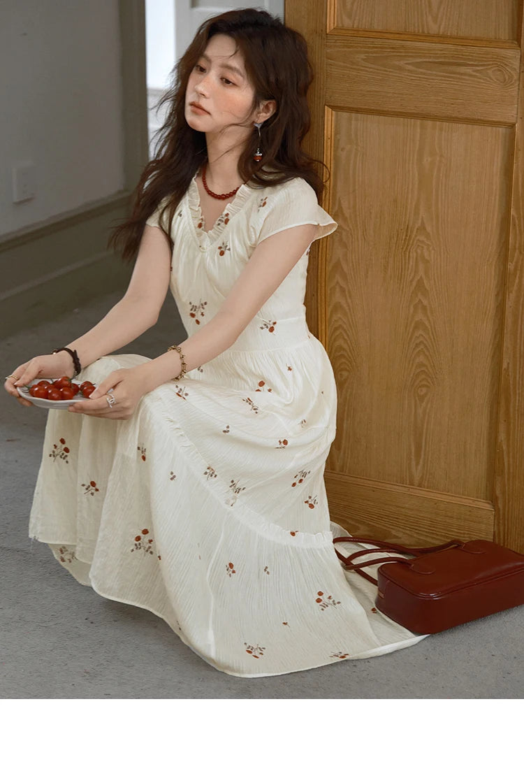 MISHOW Women's V-neck Chiffon Embroidery Dress 2025 Summer New Fashion Lace Splicing Print Dresses Women's Clothing MXE39L2382