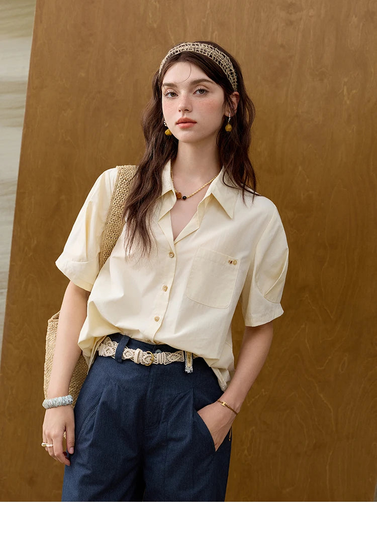 MISHOW New French Summer Shirts for Women New 2025 Short Sleeve Turn-down Collar Solid Slimming Blouses Lady Gentle MXE33C0778