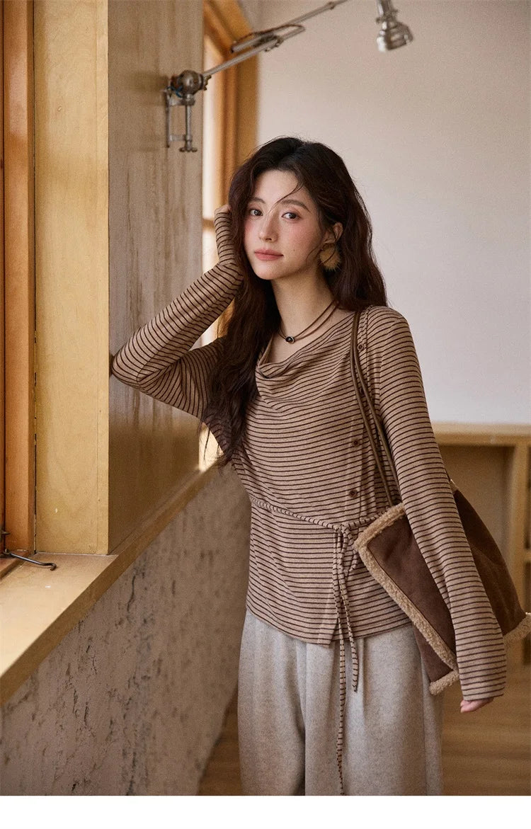 Mishow Retro Crew Neck Tie-Up Striped Top MXE87Z2700