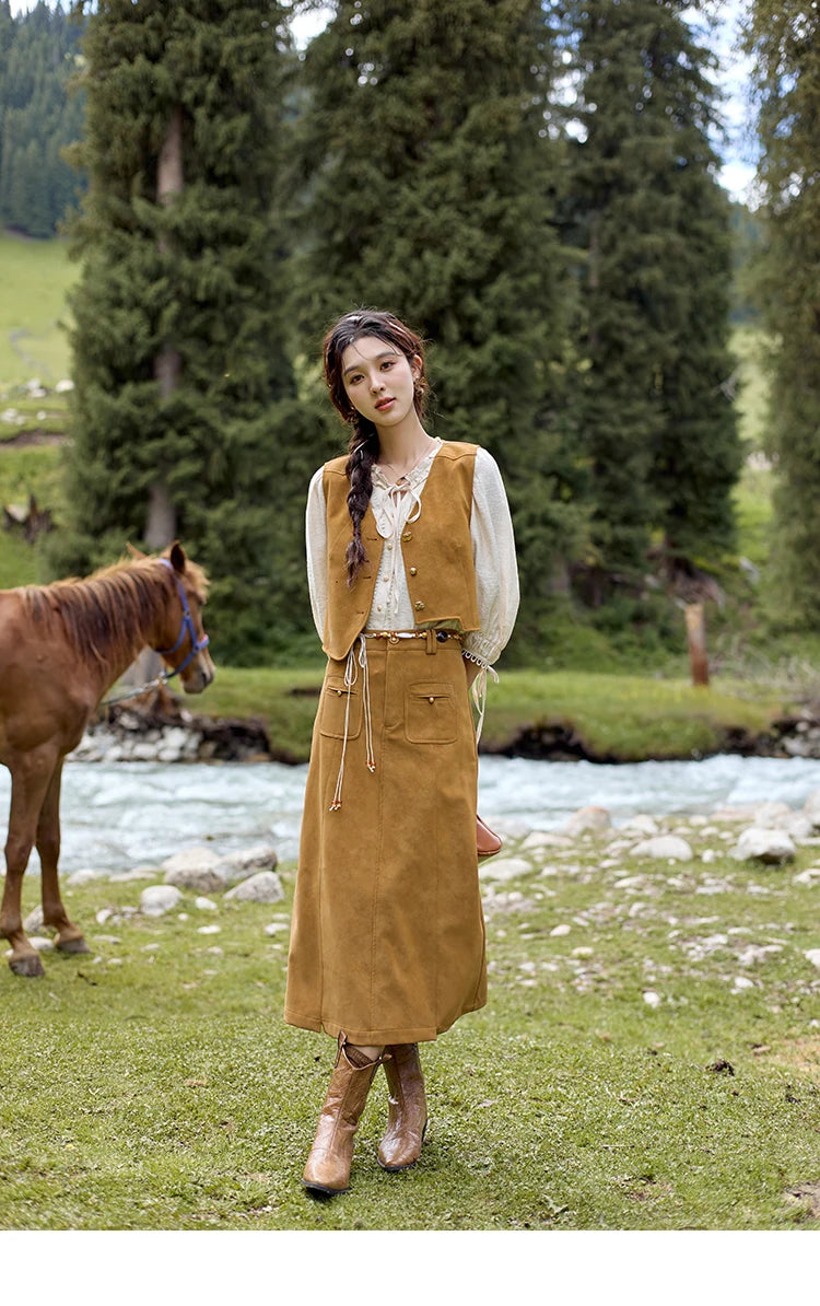 MISHOW Retro High Waist Suede Midi Skirt for Women Autumn 2024 Symmetrical Lip Pouch Skirts Slim Solid A-LINE Skirt MXD41B0486