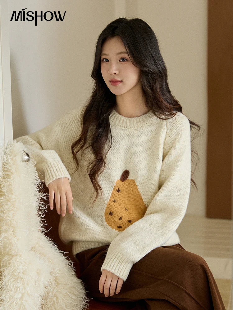 MISHOW Pear Pattern Jacquard Knitted Sweater Autumn Winter Crew Neck Loose Sweaters Wool Blend Warm Pullover Tops MXE94Z2959