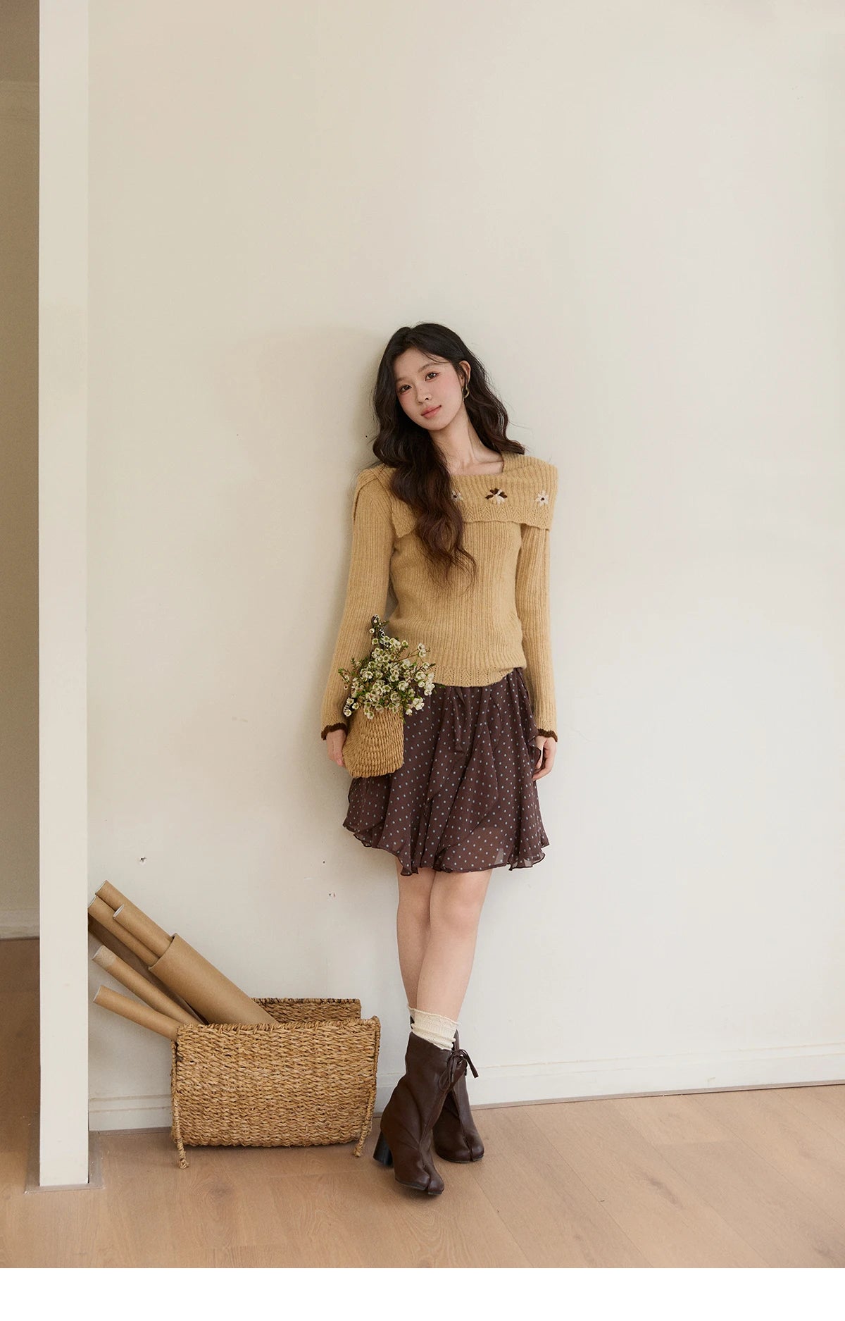 MISHOW Women's Yellow Ribbed Knit Sweater 2026 Spring One Shoulder Collar Floral Embroidery Long Sleeve Thin Sweaters MXF11Z2894