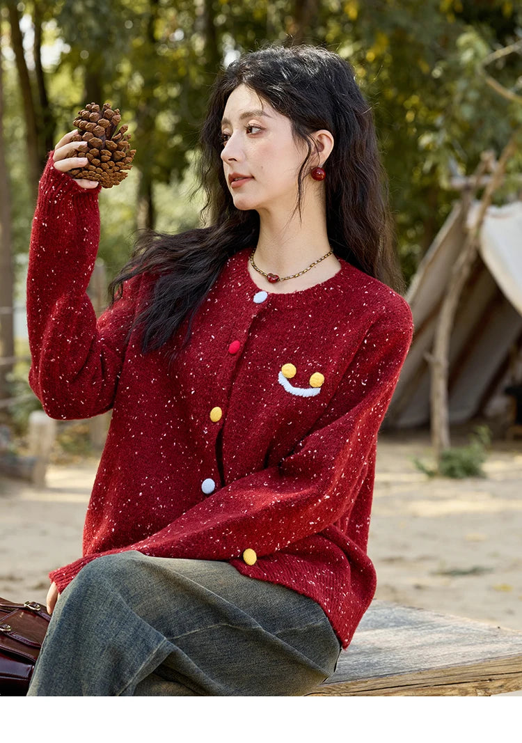 Mishow Smile Embroidery Contrast Color Wool Cardigan MXD35Z0988