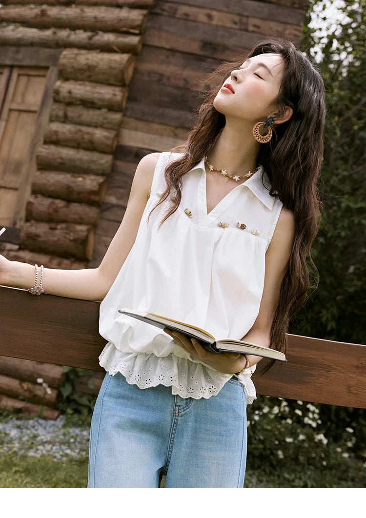 MISHOW Office Lady New Blouse Women Summer New Sleeveless Turn-down Collar Hollow Lace Shirts Female Slimming Fashion MXE31X1760
