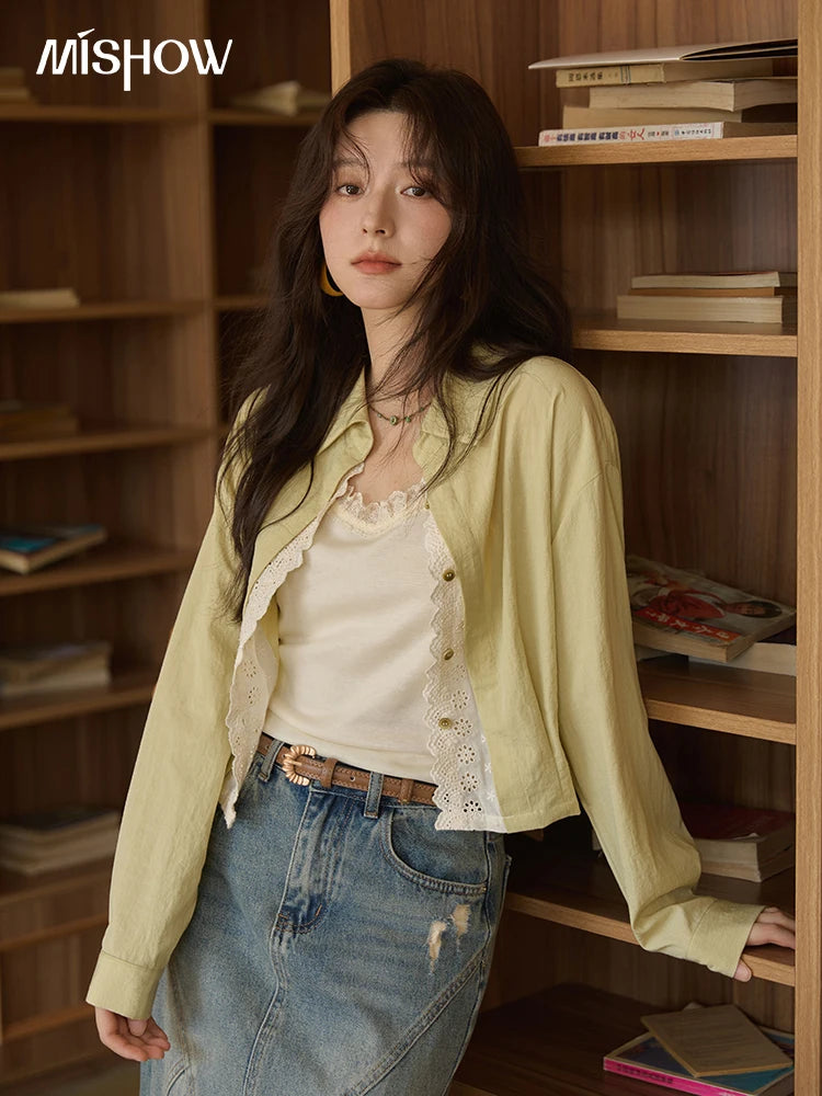 MISHOW Women's Top Green Fake Two Piece Shirt 2025 Autumn Lace Patchwork Lapel Shirts Rear Hem Elastic Short Shirt MXE41C2348