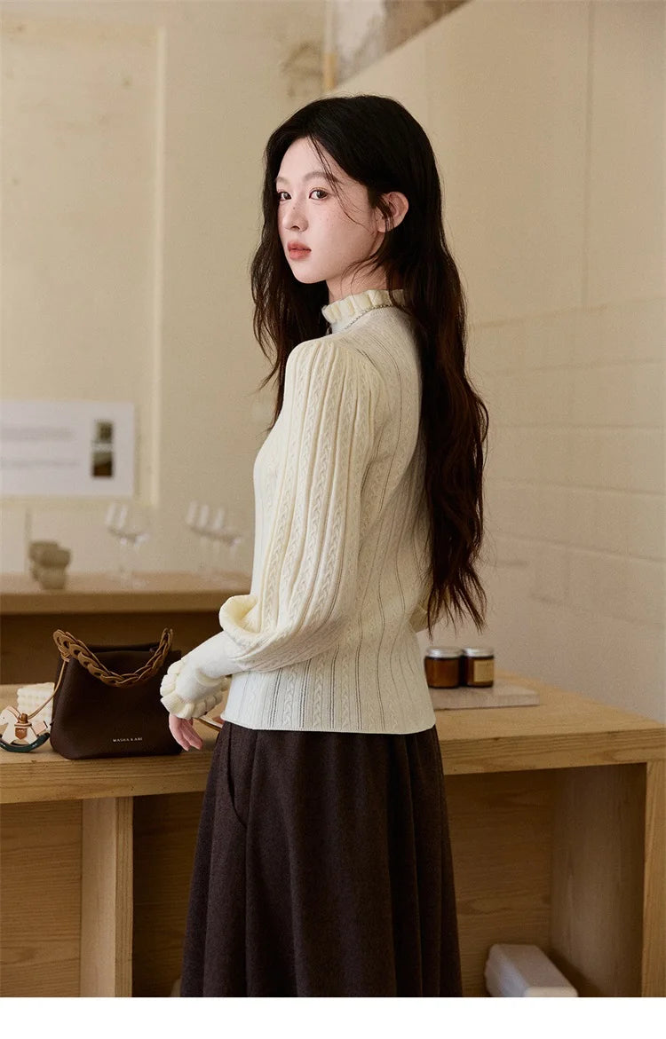 MISHOW Women's Half Turtleneck Ruffle Trim Lantern Sleeve Bottoming Tops 2025 Winter Vertical Rib Slim Knitted Top MXE93Z2810