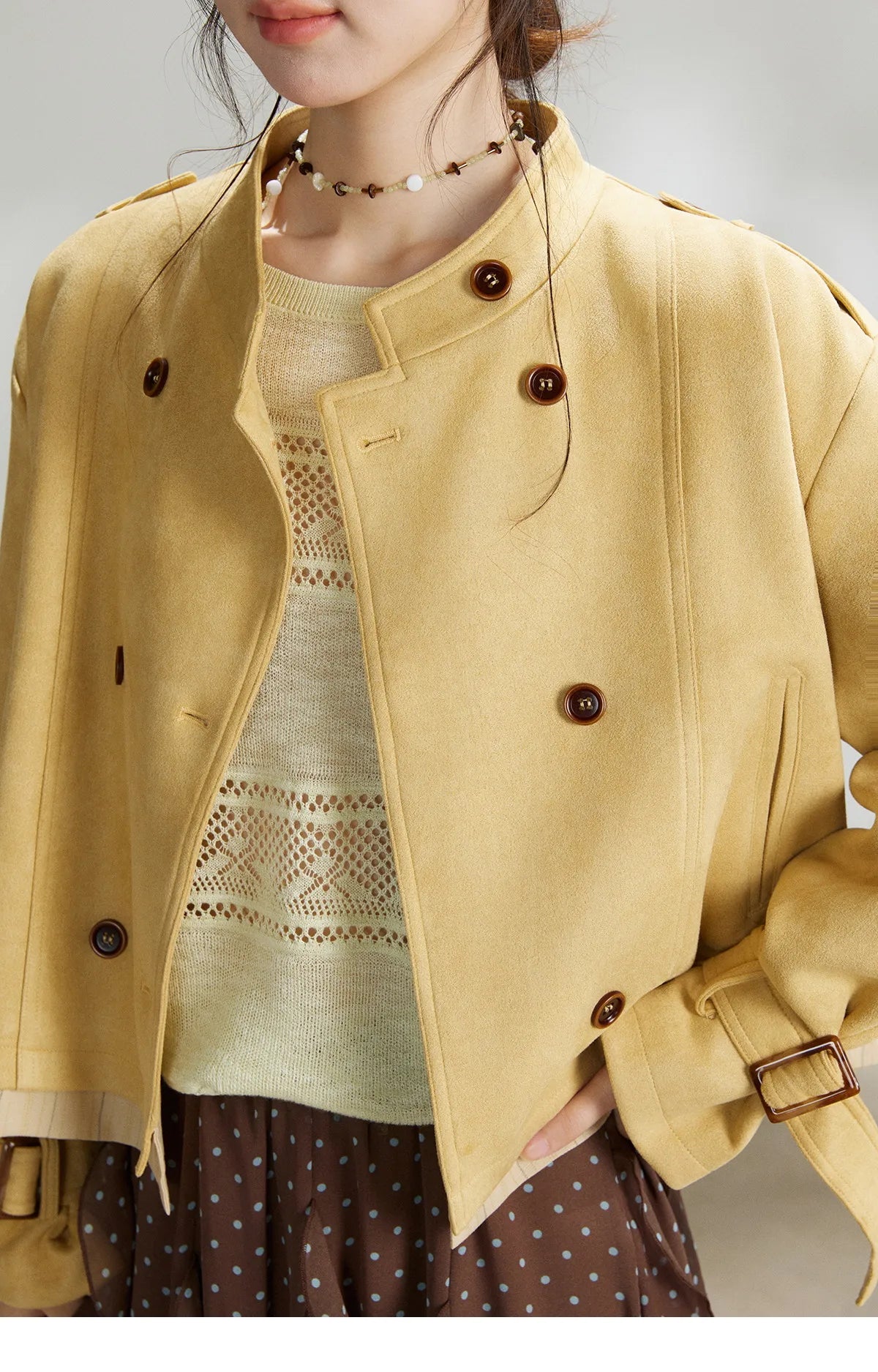 MISHOW Women's Yellow Double-Breasted Trench Stand Collar Coat Adjustable Cuffs Splicing Striped Hem Casual Outerwear MXF11W1026