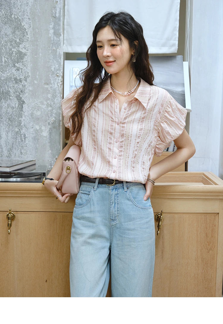 MISHOW Pink Turn-down Collar Flower Bud Sleeve Shirt for Women 2025 Summer New Women's Clothing Button Striped Shirt MXD24C0204