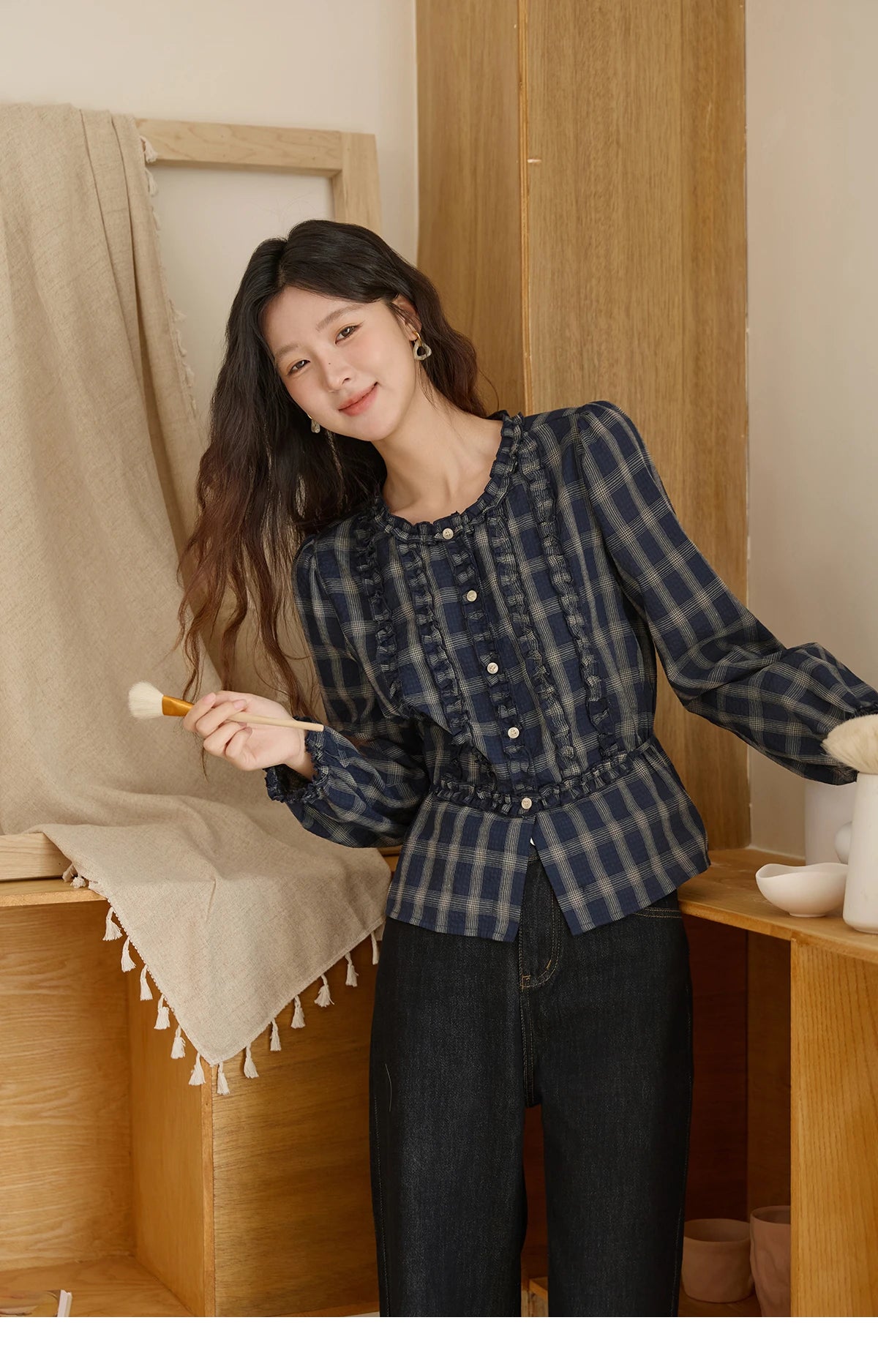 MISHOW Women's Vintage Blue Plaid Shirt 2025 Autumn New Elegant Luxury Loose Waist Shirts Round Neck Long Sleeved Top MXE45X2480
