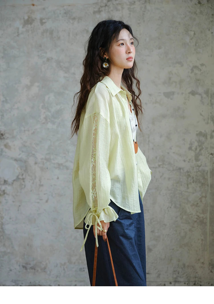 MISHOW Blend Patchwork Lace Cool Shirt Female Autumn 2025 Korean Loose Lapel Drop Sleeve Shirts Drawstring Cuffs Top MXE31C0789