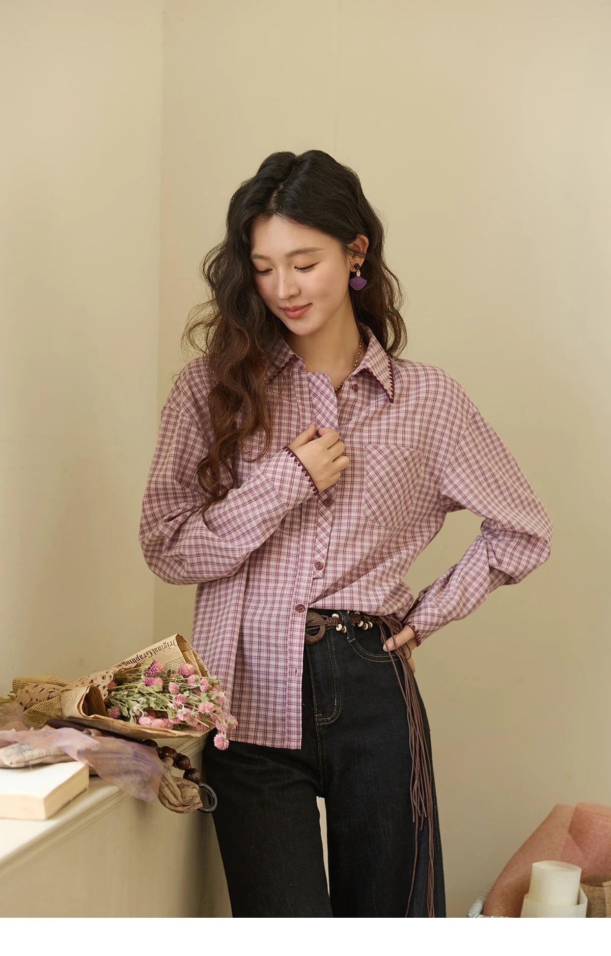 MISHOW Purple Plaid Shirt for Women Autumn 2025 Contrasting Embroidery Irregular Placket Shirt with Pocket Casual Top MXE44C2394