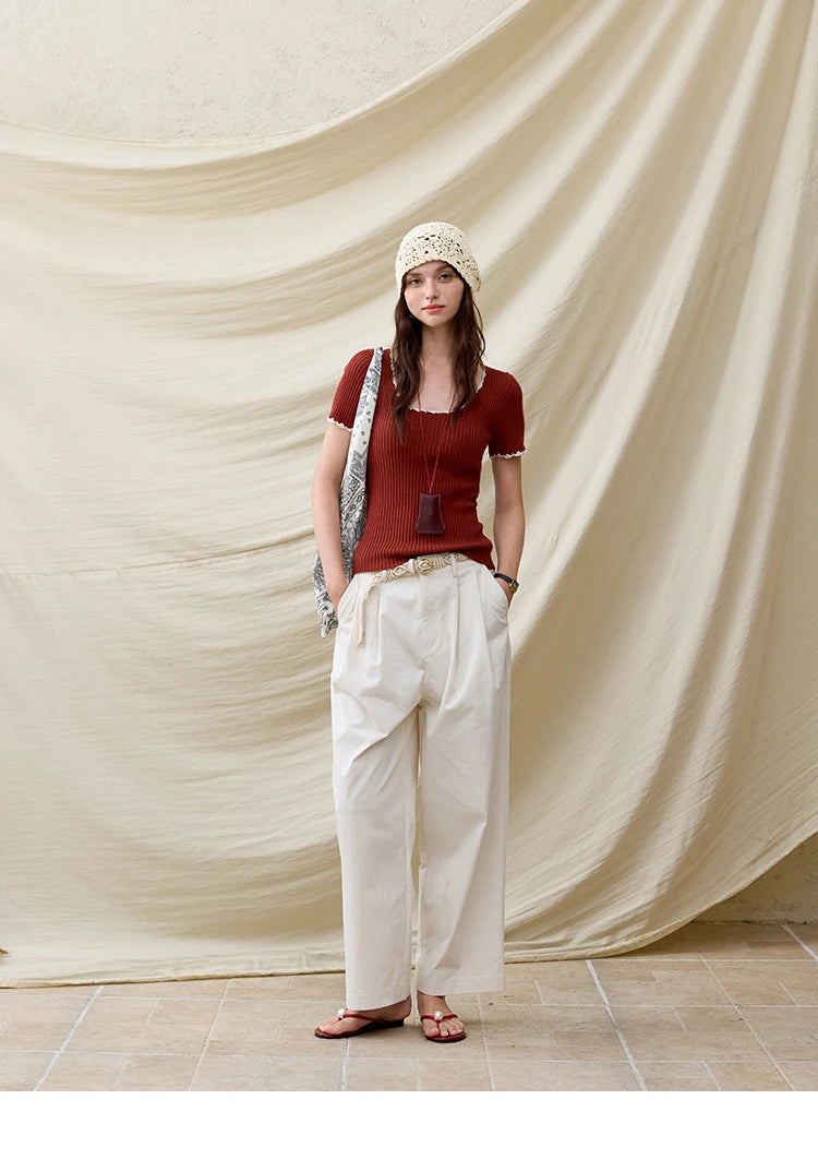 MISHOW Office Lady Summer Sweater Women 2025 New Solid Short Sleeve Lace Collar Contrast Color Hook Design Tops Slim MXE33Z1218