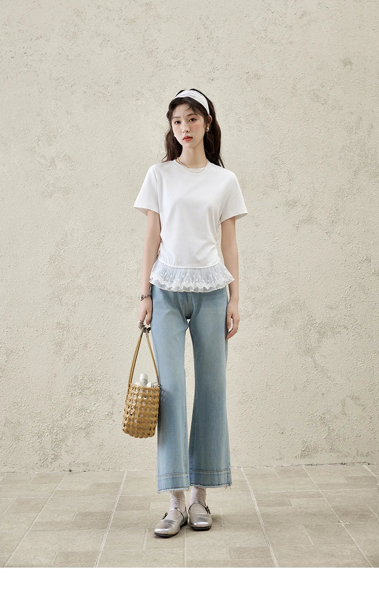 MISHOW Lace Hem Splicing T-shirt for Women Spring/summer 2025 Round Neck Versatile Top Streetwear Solid Casual Tees MXE31T0528