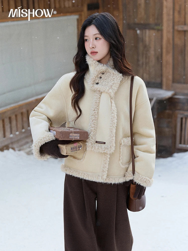 MISHOW Women's Cream Yellow Faux Suede Coat 2025 Winter Included Scarf Thickened Coats Soft Fleece Lined Outerwear MXE91W1019