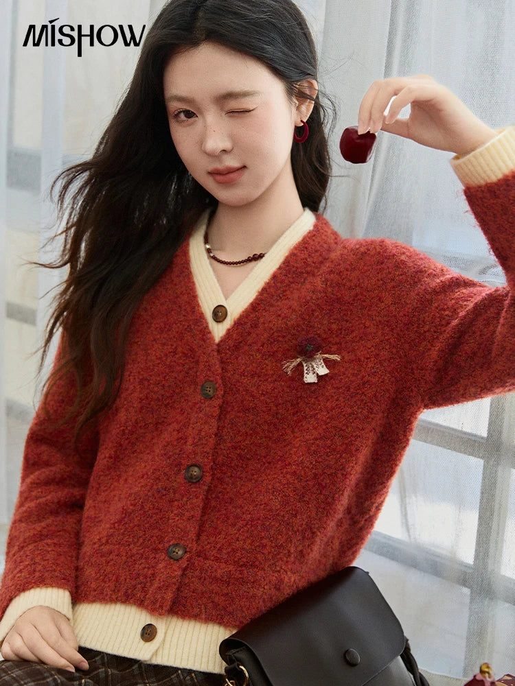 MISHOW Christmas Women’s Knitwear Cardigan Winter 2025 Faux Fur Tops V-neck Warm Sweater Fake Two Contrasting Sweater MXE91Z2777