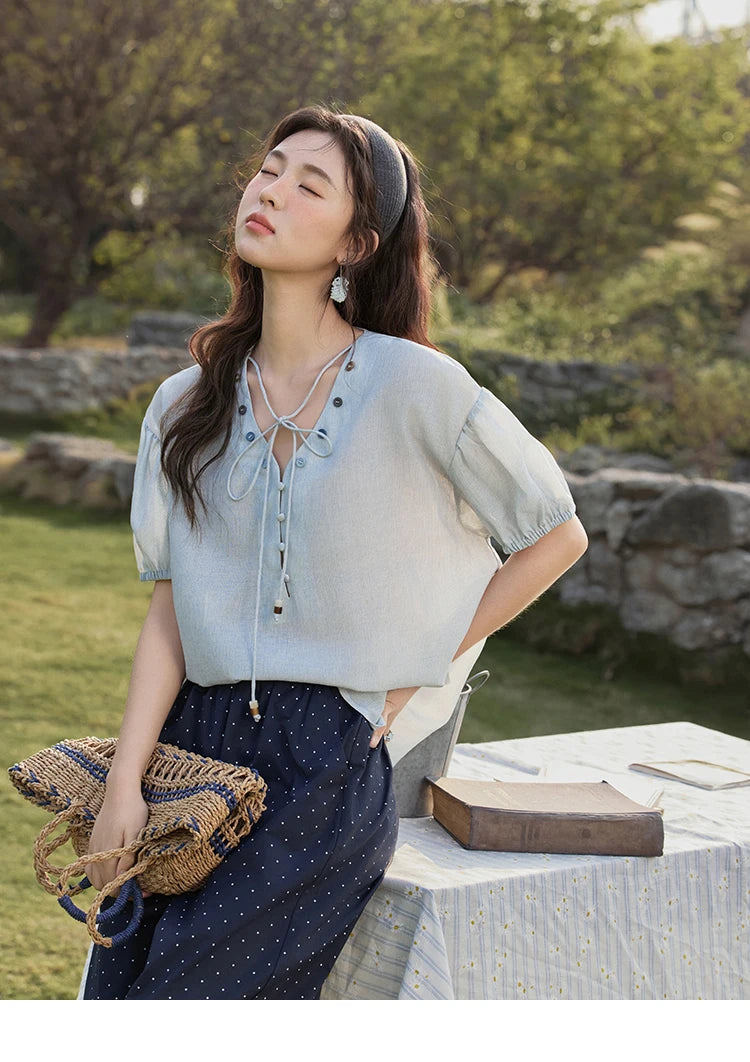 MISHOW French Summer Blouses Women Solid Short Puff Sleeve V-neck Lace-up Design Shirts Female Fashion Straight Tops MXE33X1743