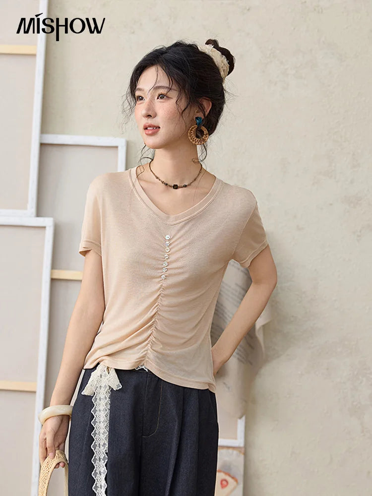 MISHOW V-neck Short Sleeve T-shirt Summer 2025 Mid Front Elastic Fold Single Row Shell Button Tees Casual Slim Tops MXE34T0560
