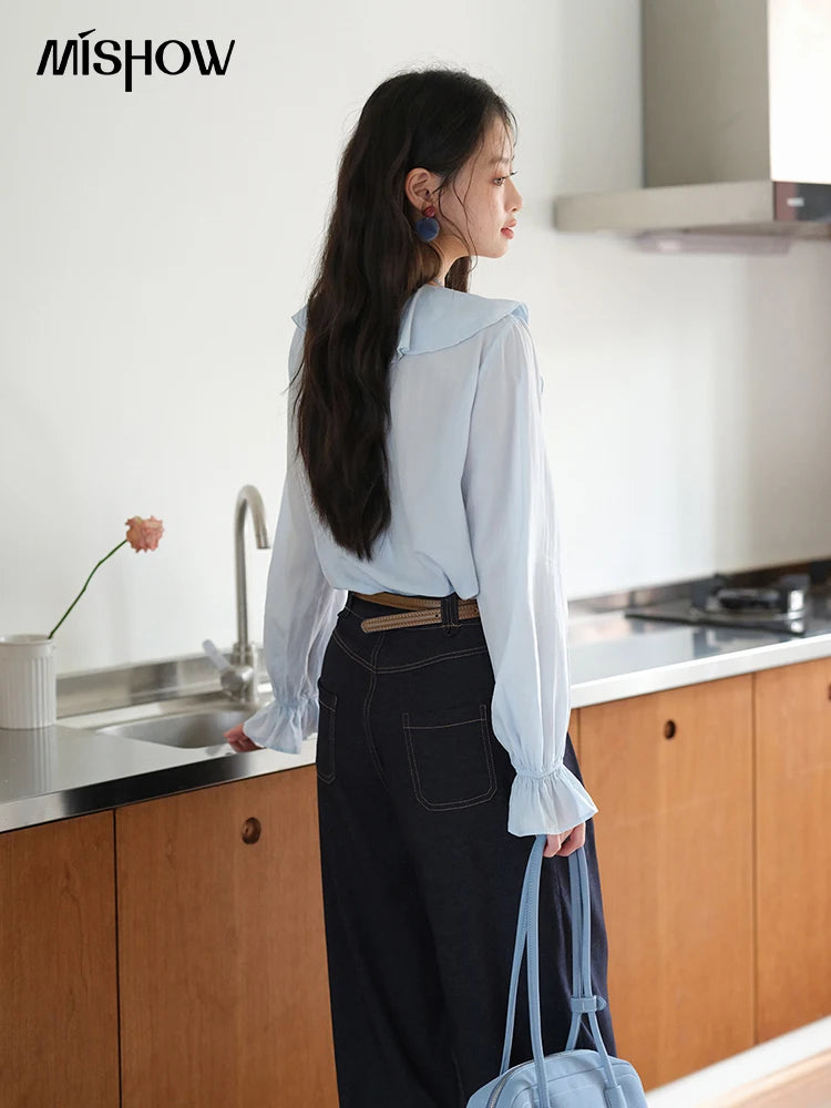 MISHOW Blue Lyocell Ruffled Shirt 2025 Autumn V-neck Flared Sleeves V-neck Shirts Commuting Elegant Versatile Tops MXE41X1969