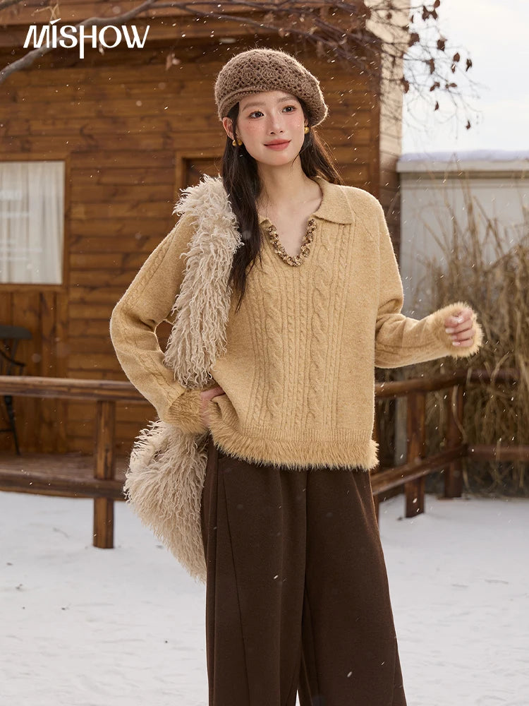 MISHOW Yellow Knitted Sweater for Women 2025 Winter New Long Sleeves Cable Plush Hem Stitching Casual Sweater Luxury MXE88Z2674