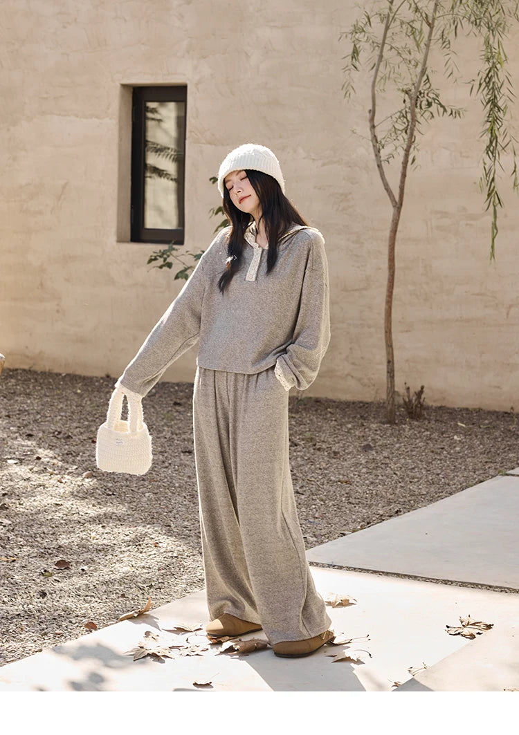 MISHOW Women's Sweatshirt Wide Leg Pants Separately 2025 Fall Winter Lace Splicing Hooded Casual Elastic Waist Pants MXD34V0098