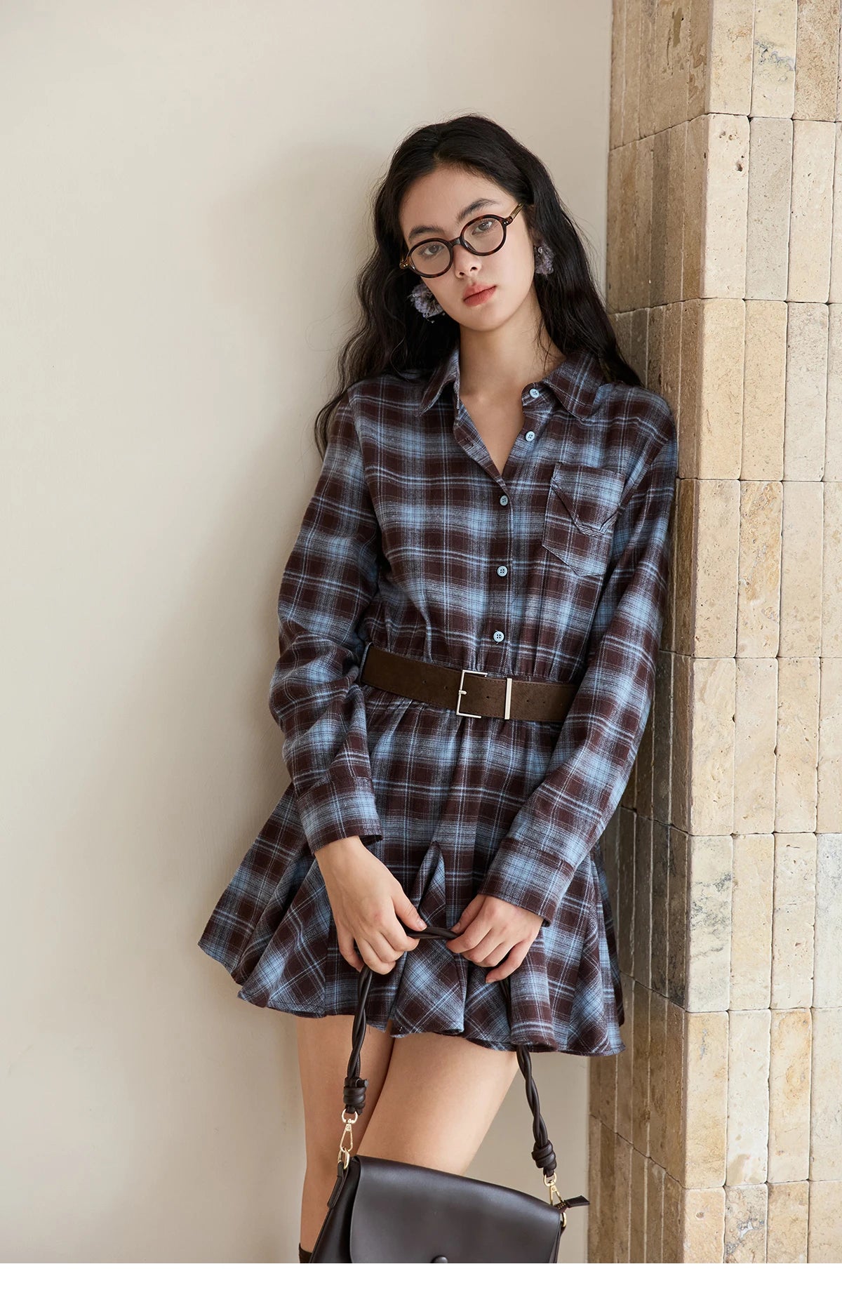 MISHOW Women's Blue Plaid Short Dress 2025 Autumn Retro Turn-down Collar Waist-Cinched Long Sleeve Dress with Belt MXE48L2525